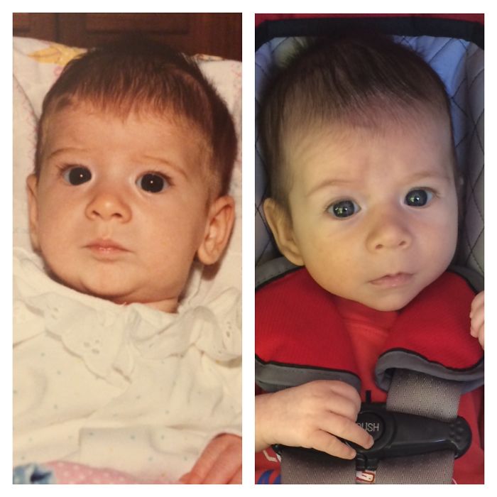 Side-by-side images of a baby and parent showing striking similarities proving kids are copy-paste versions of their parents.