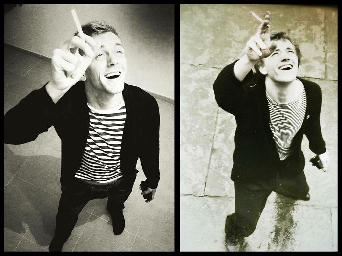 Black and white photos of a man in striped shirt and dark jacket, posing similarly, illustrating kids copy-paste versions of parents.