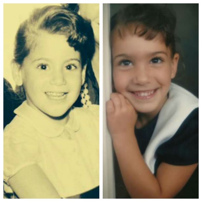 Side-by-side photos of a mother and daughter smiling, showcasing kids as copy-paste versions of their parents.