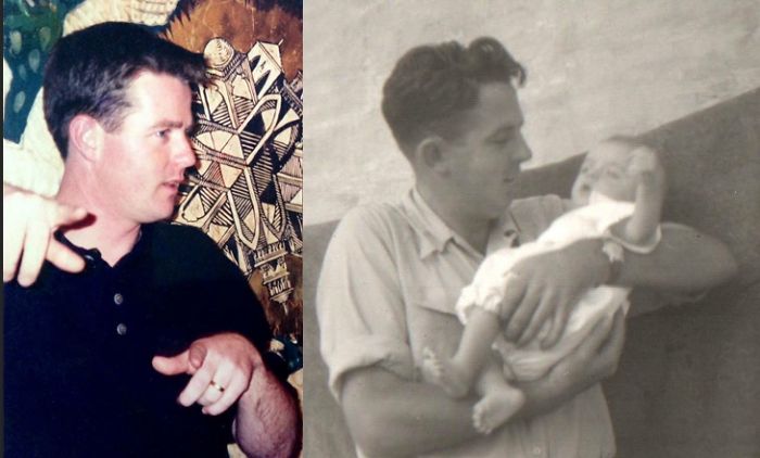 Side-by-side images showing a man and a father holding a baby, illustrating kids as copy-paste versions of parents.