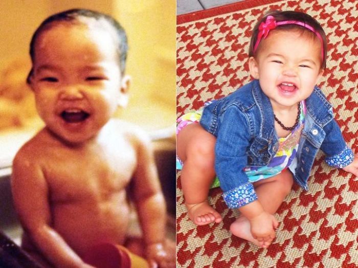 Side-by-side photos of a baby and toddler smiling, highlighting kids as copy-paste versions of their parents.