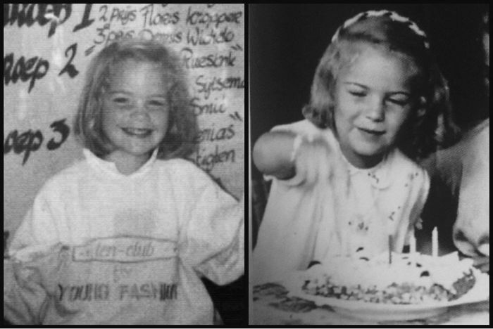 Black and white side-by-side photos showing a young girl smiling and then blowing out candles on a birthday cake, illustrating kids copy-paste versions of their parents.