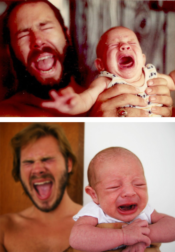 Two pairs of parents and babies crying with matching facial expressions, showing kids as copy-paste versions of parents.