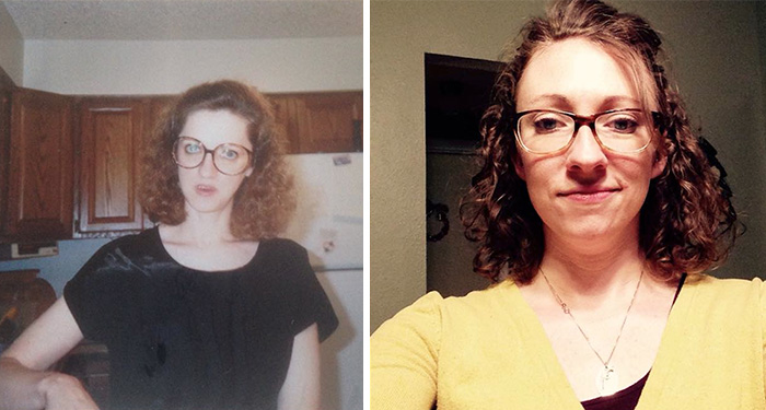 Side-by-side photos of a mother and daughter with similar curly hair and glasses showing kids copy-paste versions of parents
