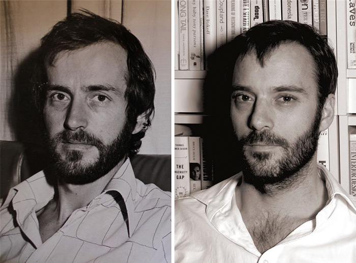 Side-by-side photos of a father and son showing striking resemblance, proving kids copy-paste versions of their parents.