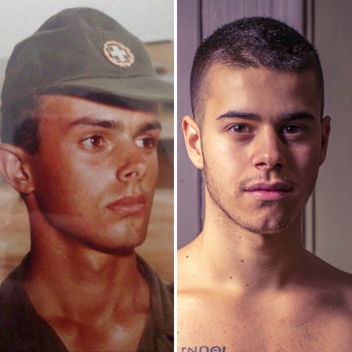 Side-by-side close-up photos showing a father in military uniform and his adult son with similar facial features proving kids copy parents.
