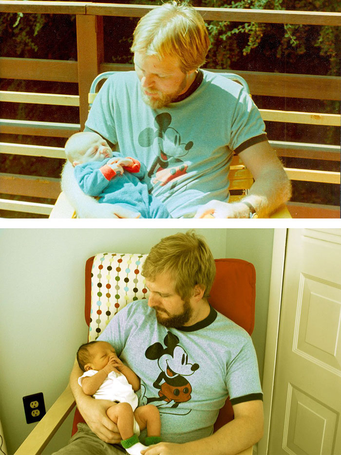 Father and baby in matching Mickey Mouse shirts, illustrating kids as copy-paste versions of their parents in two photos.