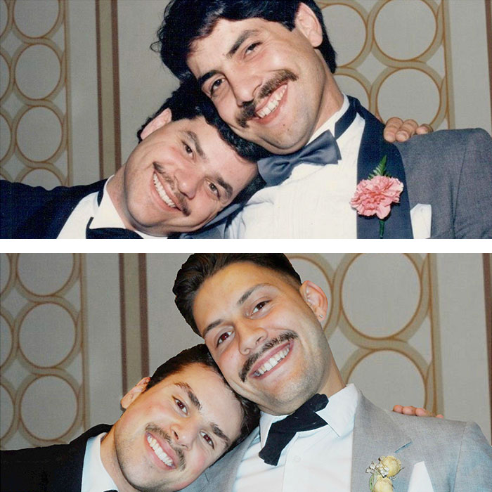 Two pairs of men in tuxedos with similar mustaches, showcasing kids as copy-paste versions of their parents.