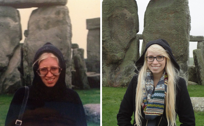 Side-by-side photos at Stonehenge showing kids as copy-paste versions of their parents with similar glasses and hooded jackets.