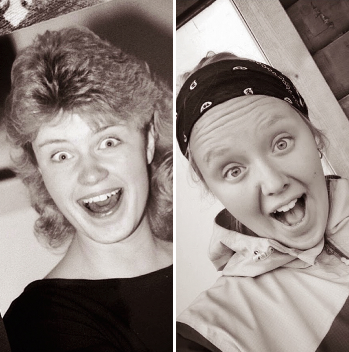 Side-by-side photos of a mother and daughter making surprised faces, showing kids as copy-paste versions of their parents.