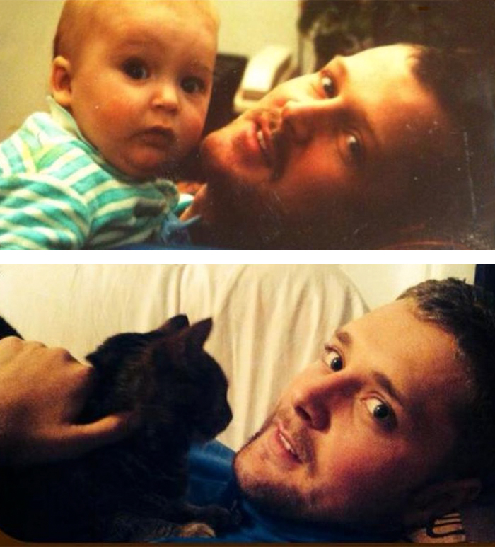 Man and baby, then man and cat, showing resemblance and copy-paste versions of parents in similar poses.