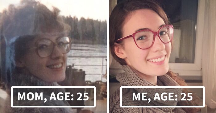 Side-by-side photos of mother and daughter at age 25 showcasing kids as copy-paste versions of their parents.