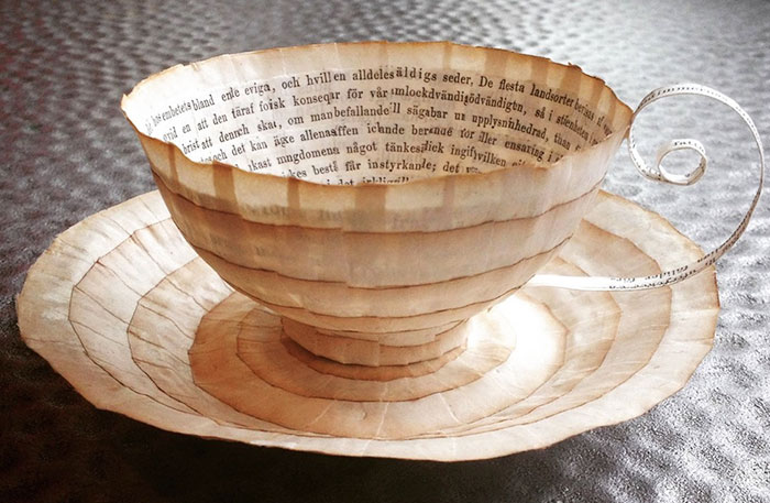 Old Books Repurposed Into Paper Cups And Saucers By Cecilia Levy