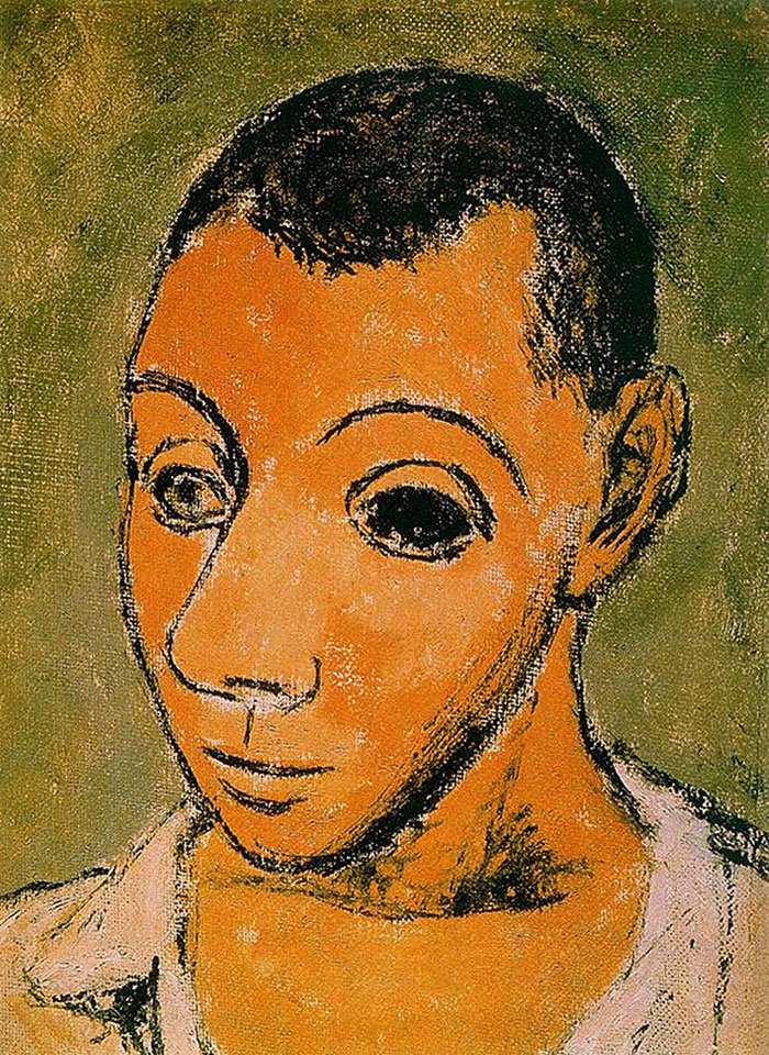 Self portrait of Picasso with large eyes, showcasing style evolution at a young age. Self portrait of Picasso with large eyes, showcasing style evolution at a young age.
