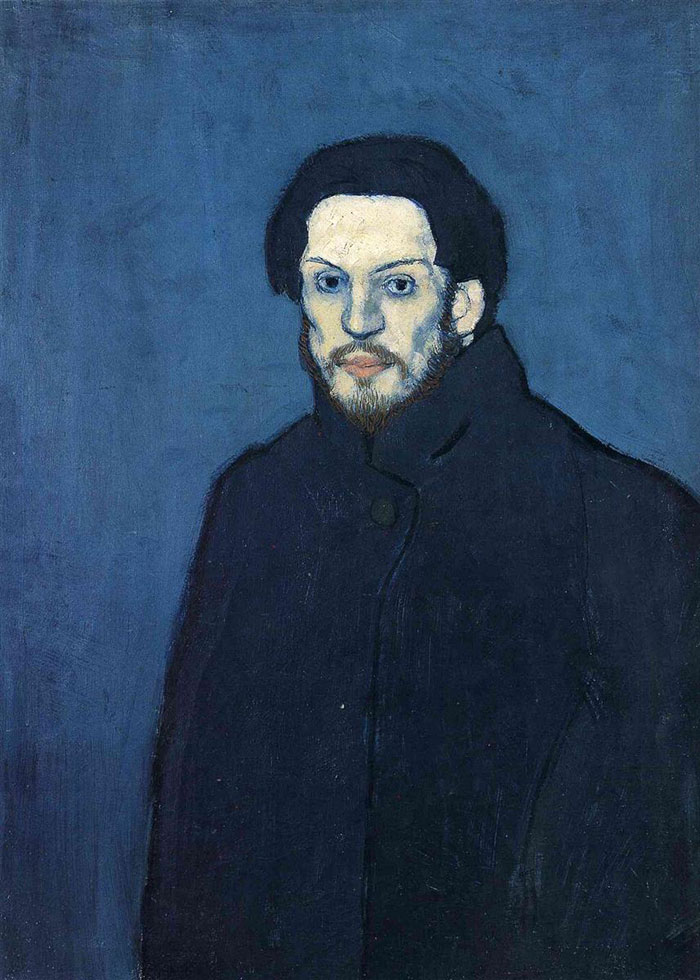 "Painting showcasing Picasso's self-portrait with a blue background and dark coat. "Painting showcasing Picasso's self-portrait with a blue background and dark coat.