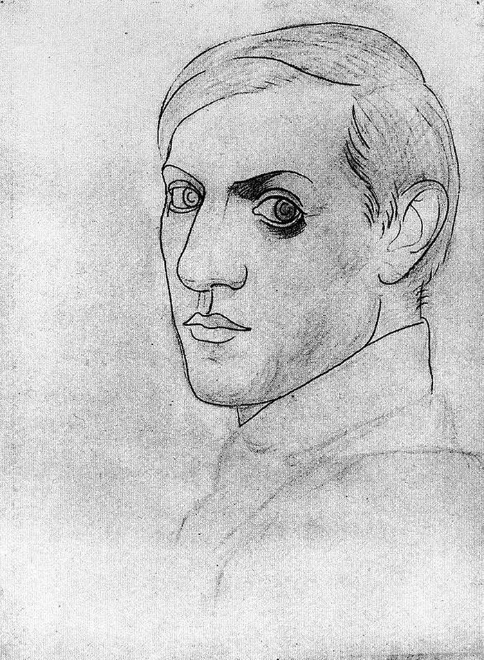 Pencil sketch of Picasso's early self-portrait, showcasing his artistic evolution. Pencil sketch of Picasso's early self-portrait, showcasing his artistic evolution.