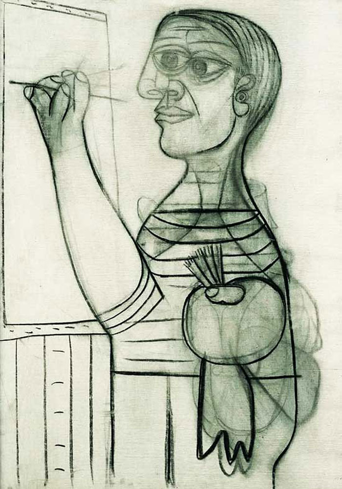 Cubist drawing of Picasso painting a self-portrait, showcasing his artistic evolution and style. Cubist drawing of Picasso painting a self-portrait, showcasing his artistic evolution and style.