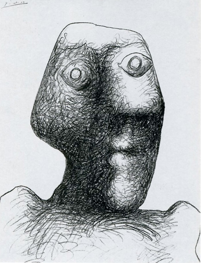 Pencil drawing of Picasso's abstract self-portrait, showcasing his artistic evolution. Pencil drawing of Picasso's abstract self-portrait, showcasing his artistic evolution.