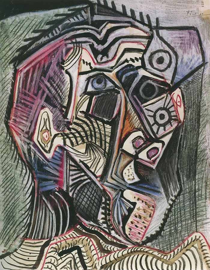 Abstract self-portrait by Picasso, showcasing his artistic evolution in a cubist style. Abstract self-portrait by Picasso, showcasing his artistic evolution in a cubist style.