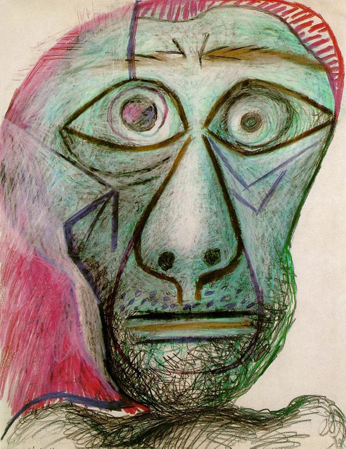 Abstract self-portrait by Picasso, showcasing his artistic evolution with bold lines and vibrant colors. Abstract self-portrait by Picasso, showcasing his artistic evolution with bold lines and vibrant colors.