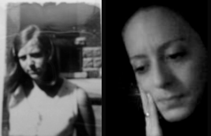 Side-by-side black and white portraits showing striking similarities between a mother and daughter, highlighting family resemblance.