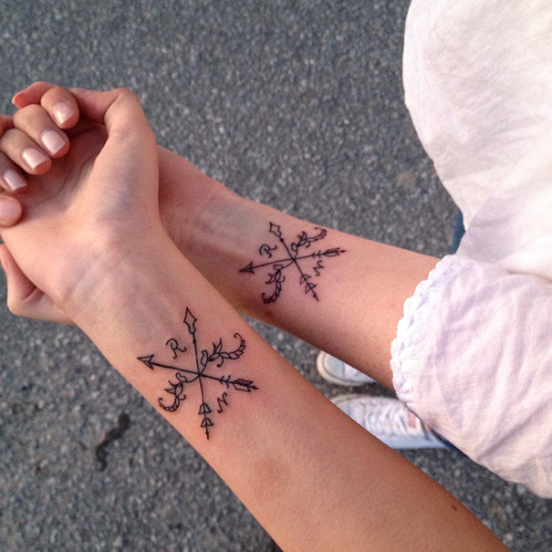Matching sister tattoos of compass designs on wrists, symbolizing sibling bond.