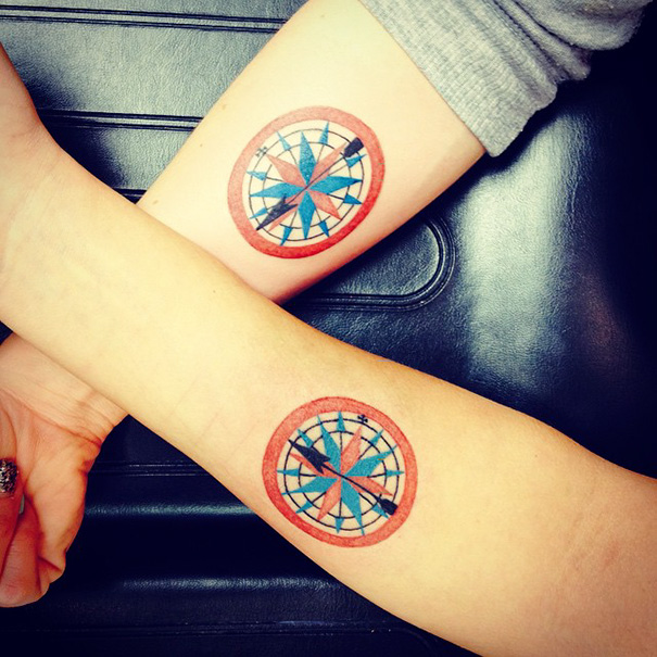 Matching compass tattoos on forearms symbolizing sister bond.