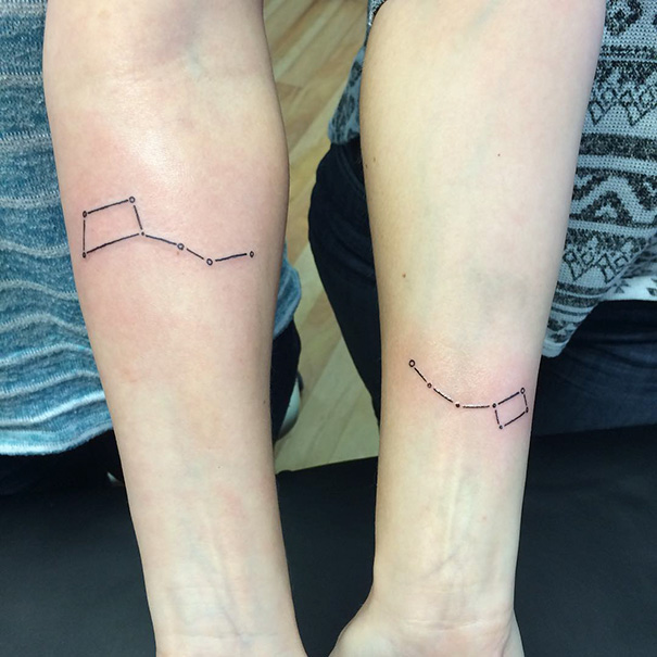 Matching constellation sister tattoos on two forearms, symbolizing a strong bond.