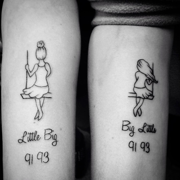 Sister tattoos featuring figures on swings labeled "Little Big" and "Big Little" with birth years 91 and 93.