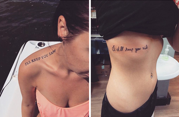 Matching sister tattoos with complementary quotes on shoulder and side.