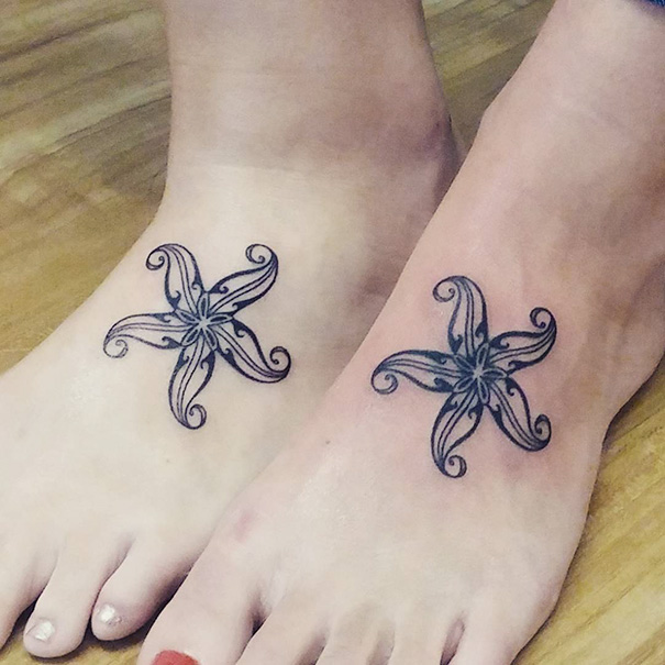 Matching starfish sister tattoos on ankles, symbolizing a strong sibling bond.