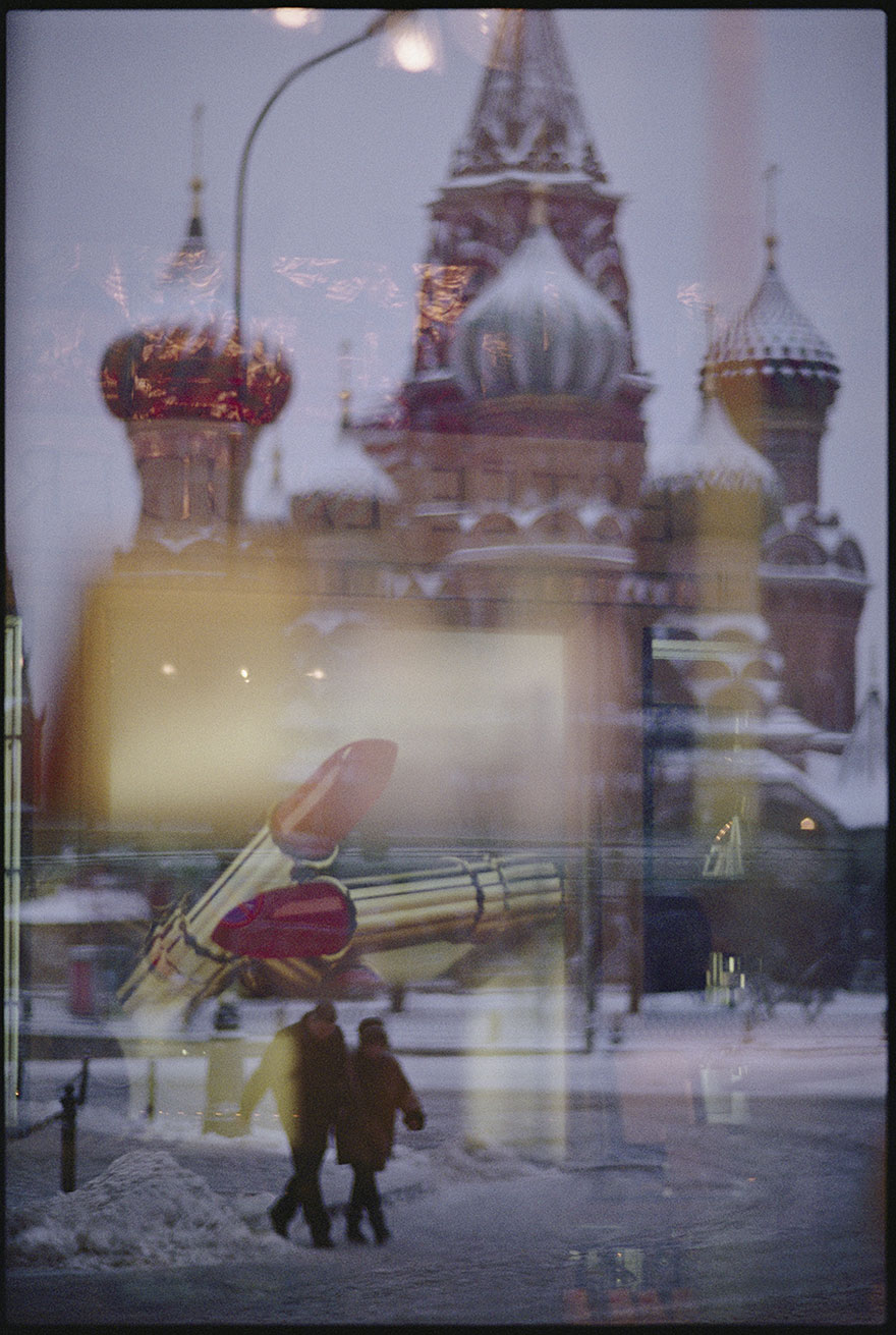 A View Of Saint Basil’s Cathedral In Red Square, Russia, Shot Through A Store Window