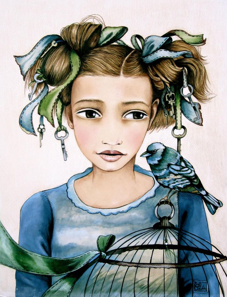 Watercolor And Crayon Paintings Of Beautiful Women Watercolor And Crayon Paintings Of Beautiful Women