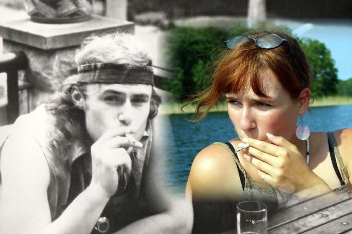 Side-by-side vintage and modern photos showing kids as copy-paste versions of their parents smoking outdoors by water.