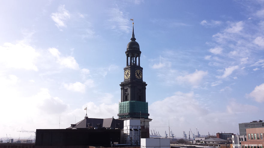 My View At The Office: St. Michaelis (hamburg, Germany) With Lots Of Different Beautiful Skies.