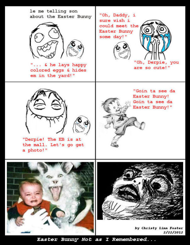 Comic featuring vintage Easter Bunny imagery with funny and unsettling reactions.