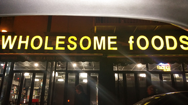 Food shop sign ‘WHOLESOME fOODS’