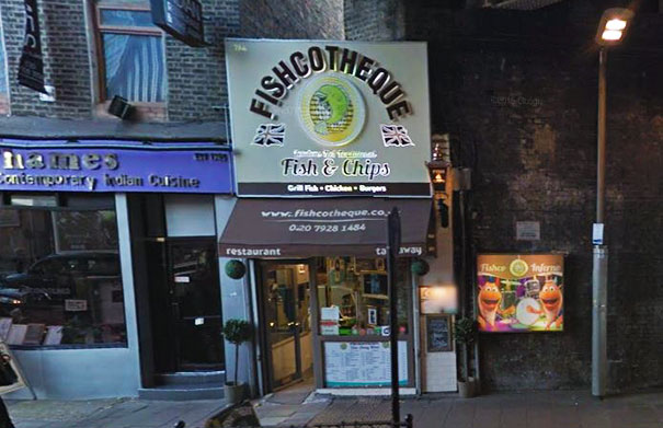 Fish and chips place sign ‘FISHCOTHEQUE’