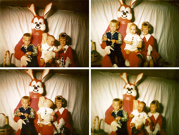 Vintage Easter bunny with children in red and white outfits, sitting and posing for a photo, capturing a nostalgic moment.