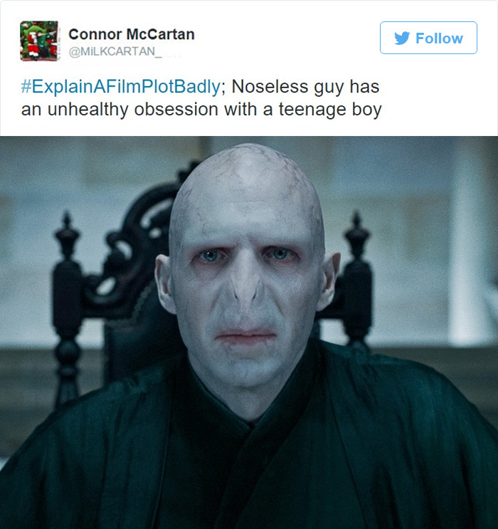 Tweet explaining Harry Potter, Lord Voldemort sitting on the chair 