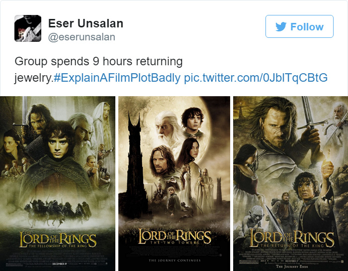 Tweet explaining Lord Of The Rings with movie posters 