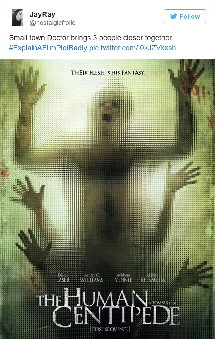 Tweet explaining The Human Centipede with movie poster 