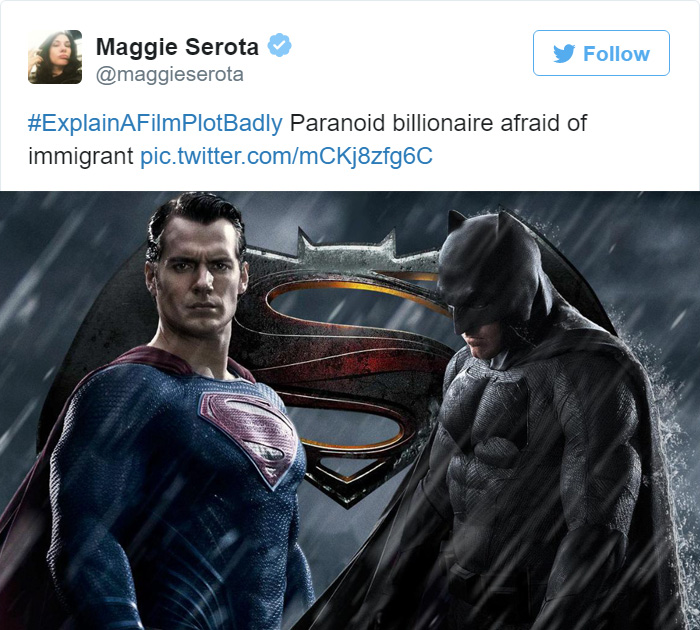 Tweet explaining Batman Vs Superman with movie poster 