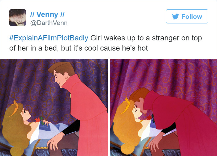 Tweet explaining Sleeping Beauty, prince kissing Aurora 