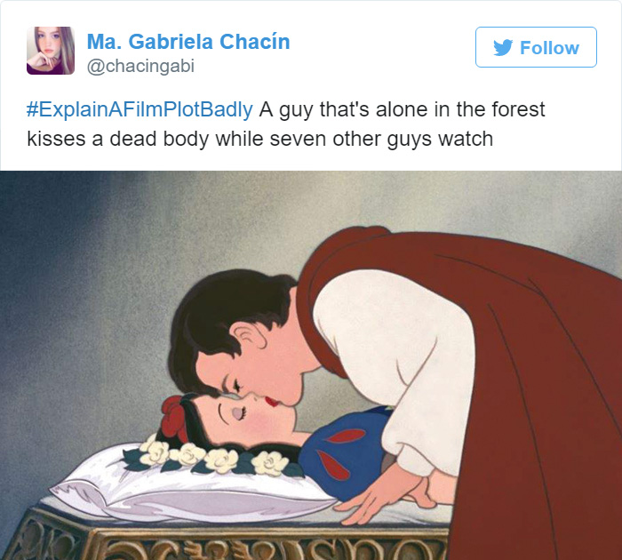 Tweet explaining Snow White and the Seven Dwarfs, prince kissing the Snow White 