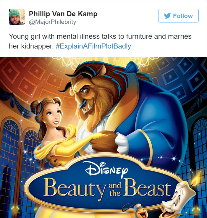 Tweet explaining Beauty and the Beast with movie poster 