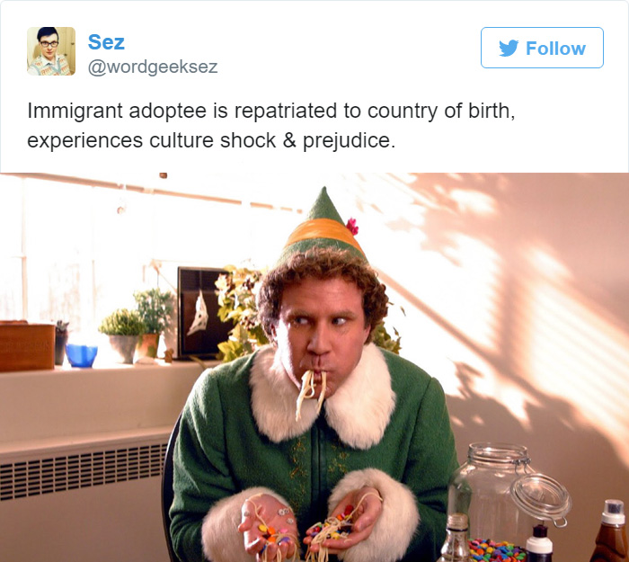 Tweet explaining Elf, Buddy eating pasta 