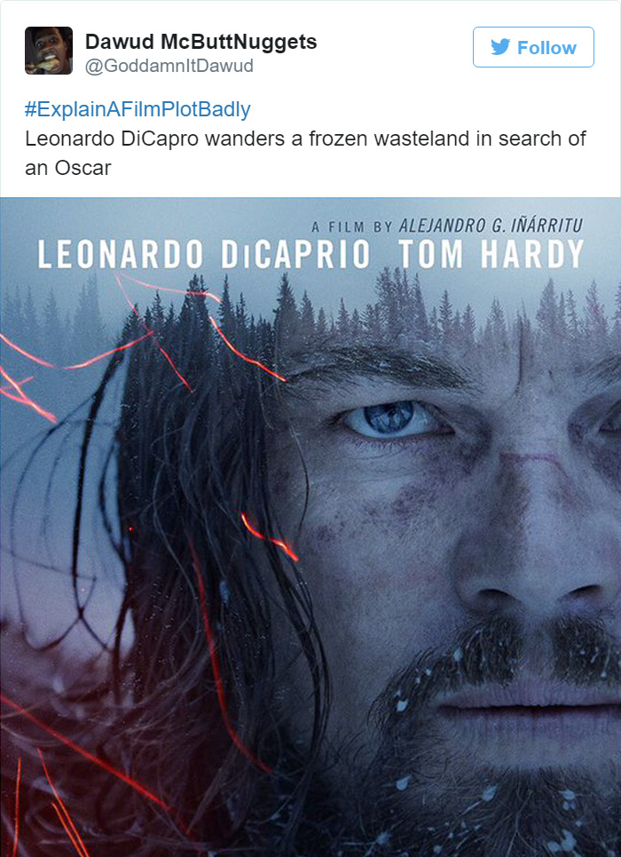 Tweet explaining The Revenant with the movie poster 