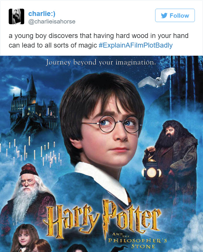 Tweet explaining Harry Potter And The Philosophers Stone, movie poster 