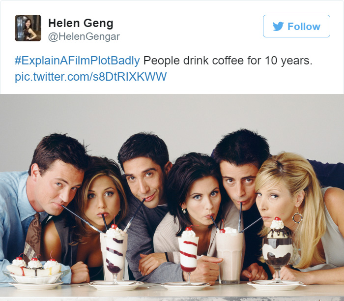 Tweet explaining Friends, movie cast drinking milkshake
